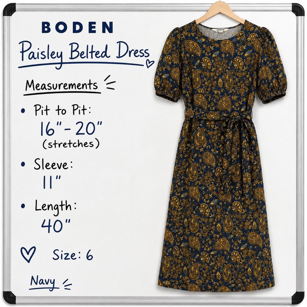Boden Paisley Belted Midi Dress BluePuff Sleeve Cottagecore Pockets Ruched 6 - Picture 7 of 7